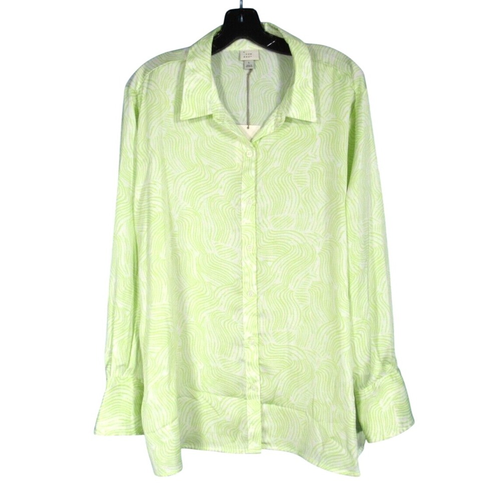 NWT A NEW DAY Green/White STRIPE PRINT Satin SLIT HEM Button-Up BLOUSE TOP Sz L